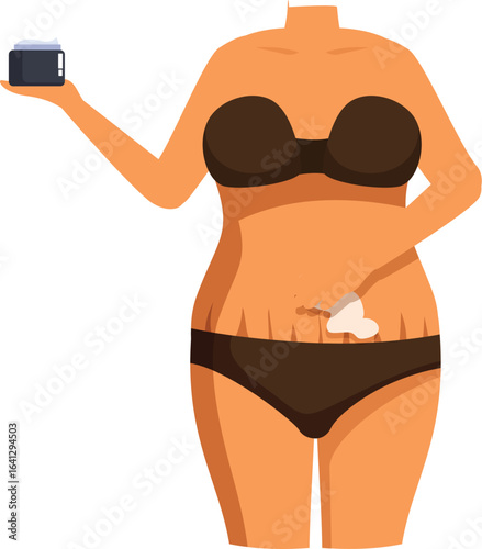 Woman taking care of her body after pregnancy, applying moisturizing cream on stretch marks, promoting self acceptance and body positivity