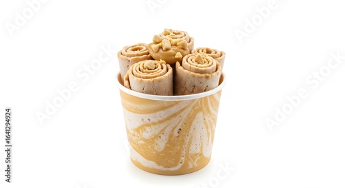 Close-up of Thai Rolled Ice Cream dessert rolls in paper cup product shot isolated on white