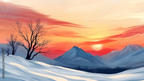 Snowy Mountain Sunset Landscape