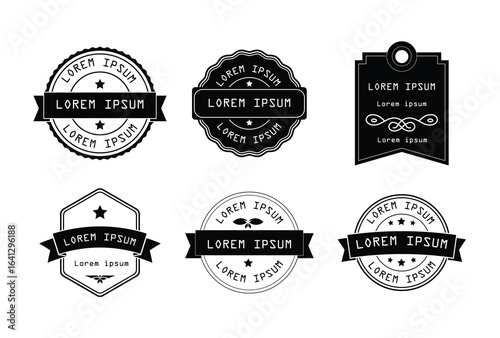 Creative design of six minimal vector badges featuring customizable text and elegant banner shapes for branding projects
