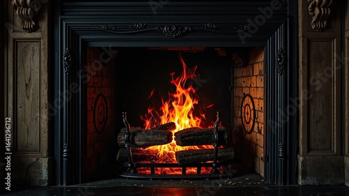 Old Fireplace with Dancing Red and Yellow Flames
