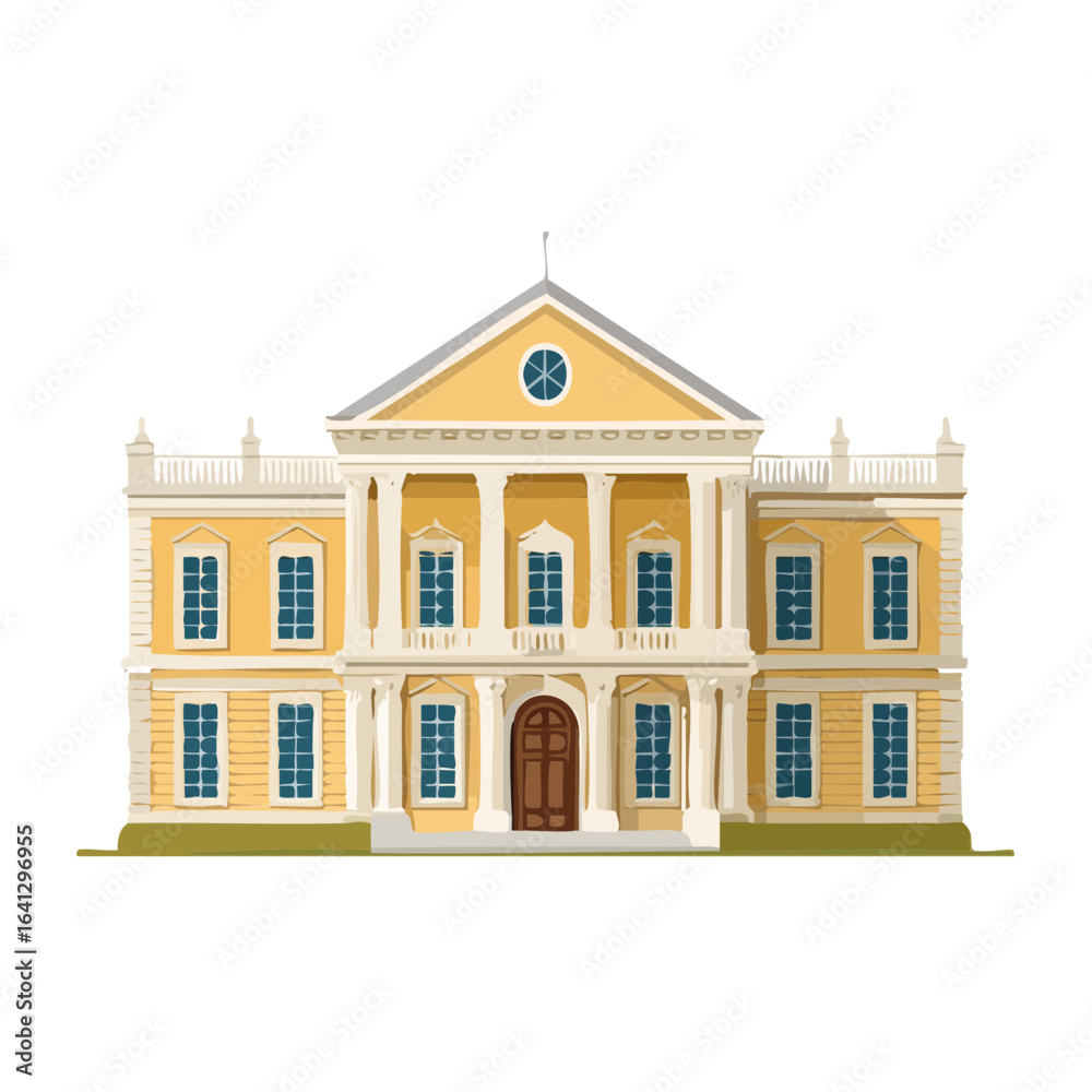 Fototapeta premium Yellow Mansion with Columns and Windows Illustration on Black Background