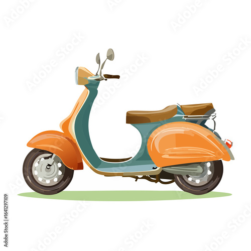 Stylized classic scooter vector illustration. Orange and blue vintage scooter. Urban transportation vehicle for graphic design needs.