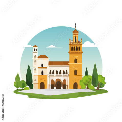 Spanish architecture illustration with tower domes arches and trees vibrant colors scenic facade