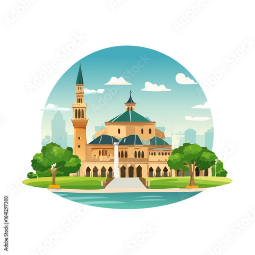 Mosque vector illustration with minaret dome and archways Near park lake and city skyline Islamic architecture religious building