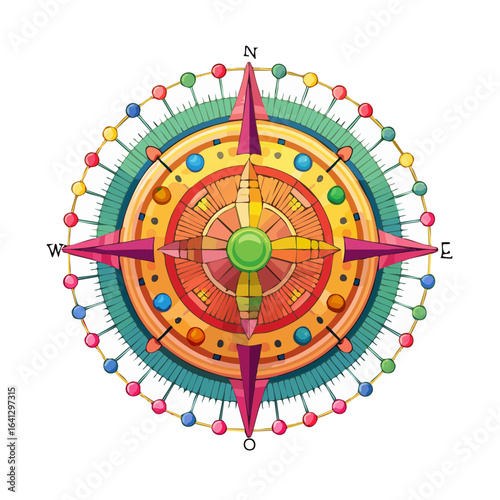 Colorful Compass Rose Illustration, Directions Design with Pink Arrows and a Central Green Gem, Navigation Tool