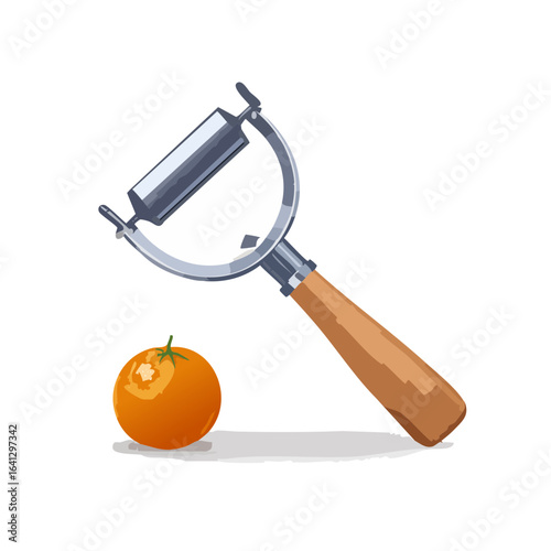 Peeler and orange artwork on black. Cooking utensils and fruit still life illustration.