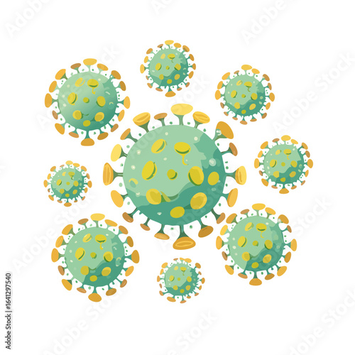 Illustration of Multiple Round Shaped Viruses in a Group with Corona on a Black Background