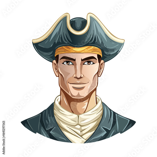 Pirate captain cartoon portrait with tricorn hat bandana and coat over a black backdrop, vector illustration