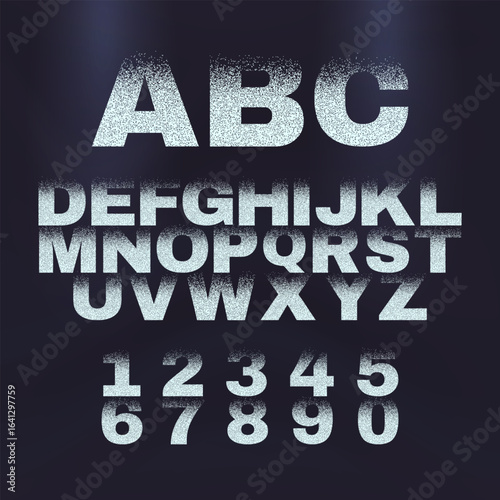 Grunge spray paint alphabet with uppercase letters and numbers, featuring bold textured effects for creative and modern typography.