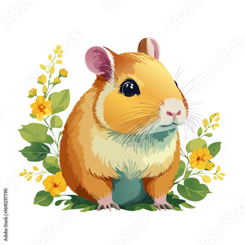 Cute hamster illustration with yellow flowers and green foliage against black background