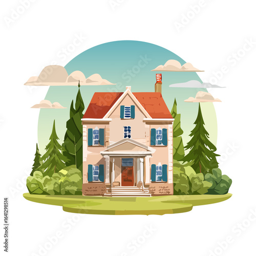 Illustration of an elegant house with green trees and clouds in the background