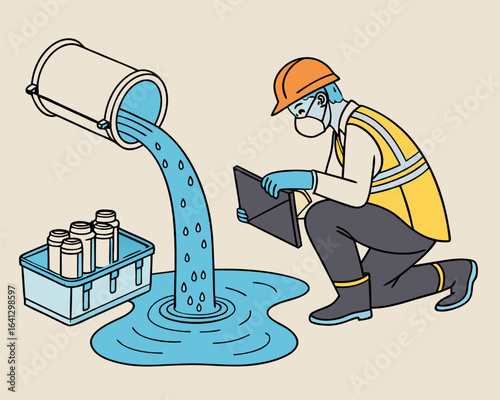 Environmental technician performing quality control on industrial wastewater by collecting samples near drainage outlet in flat style illustration.