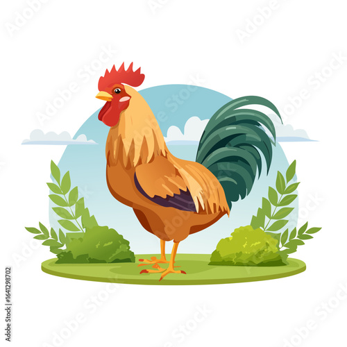 Proud Rooster Standing Tall on a Green Pasture Amidst Foliage Under a Sunny Sky Illustration