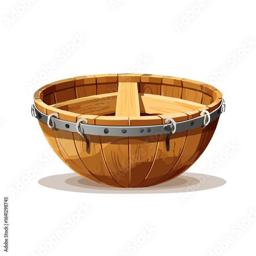 Wooden tub illustration Vintage wash basin or ancient container with metal rim and reinforcement cartoon design