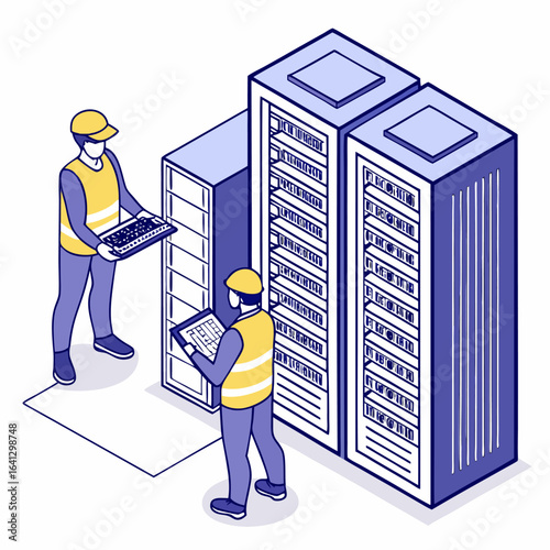 HVAC air conditioner computer room temperature control system in server room engineers installation isometric isolated industrial concept illustration.