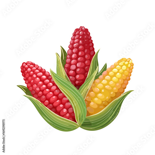 Three cobs of corn with husks red and yellow ears illustration on black