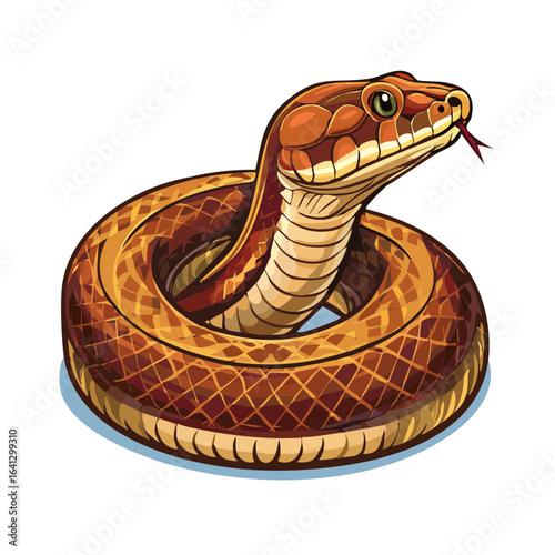 Coiled Brown Snake with Tongue Out Cartoon Illustration on Black Background