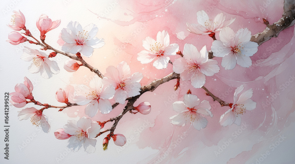 Fototapeta premium watercolor painting of pink cherry blossom petals blooming gently with pastel tones on white background surface floral botanical illustration for spring card design template