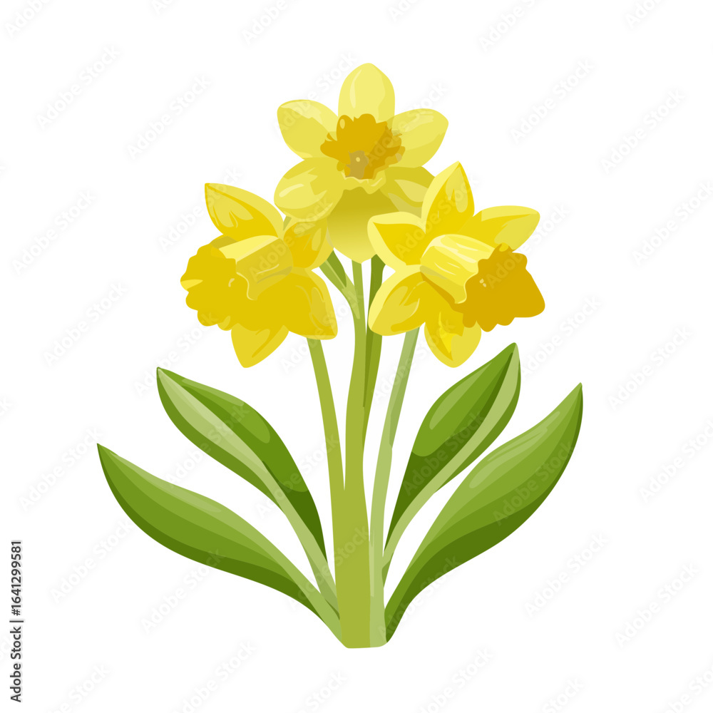 Fototapeta premium Yellow Daffodil Flowers with Green Leaves on Black Background, Spring Blossom Illustration