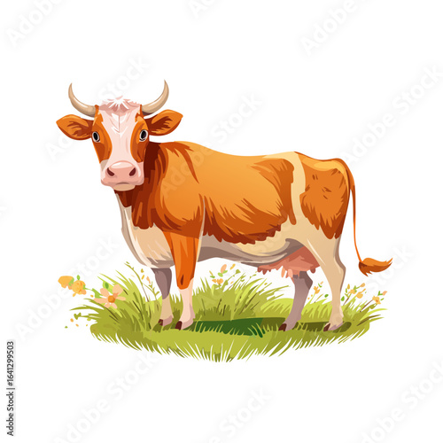 Cartoon Cow Grazing in Green Field Illustration Farm Animal Vector Graphic