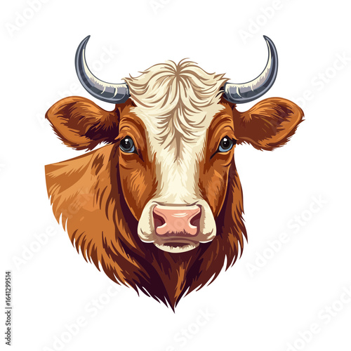 Portrait of Brown and White Cow with Horns Staring Ahead on Black Background Farm Animal Illustration