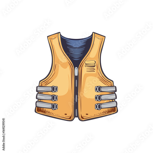 Yellow life vest safety equipment vector illustration isolated on black background.