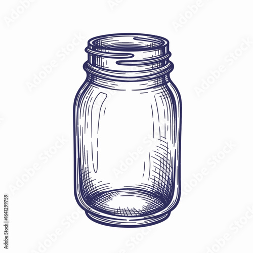 Empty glass jar in detailed drawing style, kitchen whisk preparation sketch. Empty glass jar with textured cross-hatching for a vintage, rustic feel, ideal for preserving homemade goods.