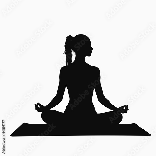 Woman sitting on yoga mat in silhouette and in lotus position, performing mindful meditation and finding inner peace. This woman practicing yoga on yoga mat embodies wellness, balance, and connection.