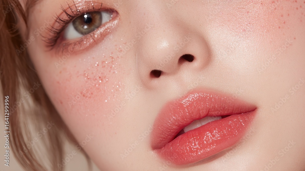 Naklejka premium Close-Up of Beautiful Young Woman with Natural Makeup and Glowing Skin