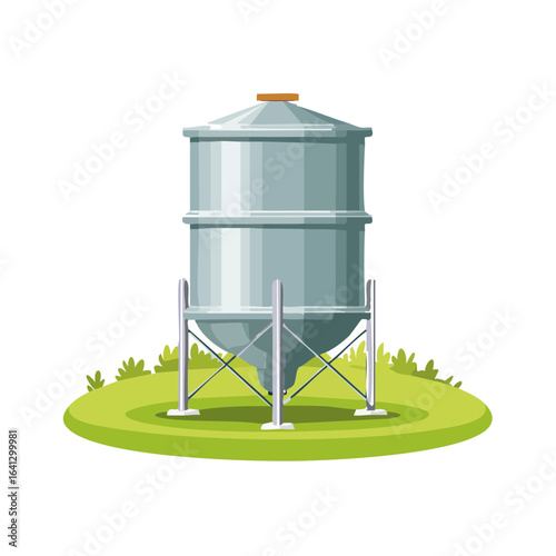 Silver Farm Silo Cartoon on Green Field Agricultural Storage Metal Grain Bin