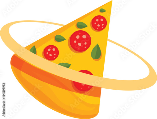 Cartoon pizza slice spinning in space like a planet with ring, fast food delivery concept