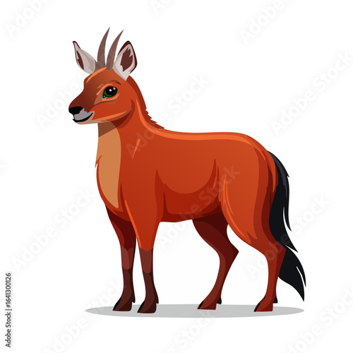Cartoon illustration of a duiker antelope standing with a black tail in profile view on an isolated black background.