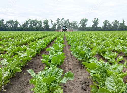 Inter-row cultivation of sugar beets provides them with better conditions for growth. A tractor working in the field loosens the soil, destroys weeds, and improves moisture and air access to the plant