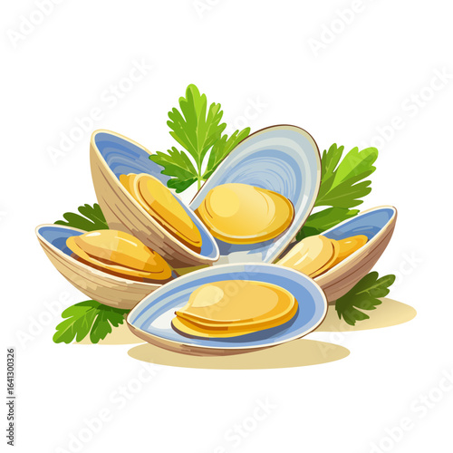 Fresh Mussels with Parsley Illustration Delicious Seafood Delicacy Restaurant Menu Graphic Elegant Shellfish Plate Foodie Appetizer Healthy Cuisine