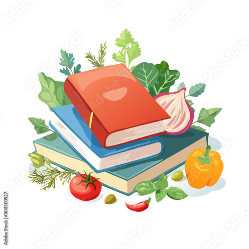 Cookbooks and fresh vegetables creative arrangement culinary education concept