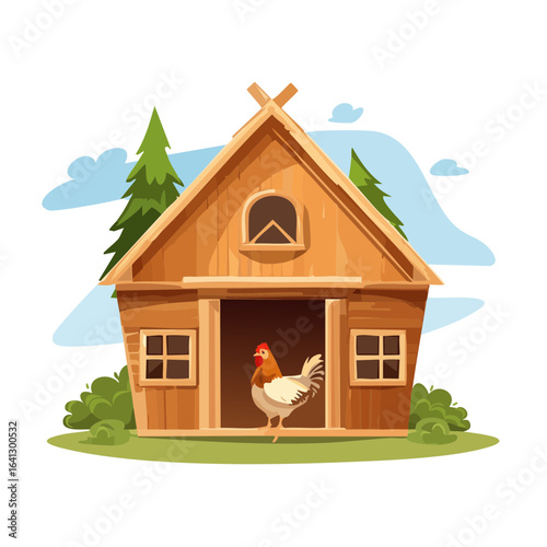 Cartoon Rooster in Wooden Chicken Coop Outdoors with Pine Trees and Blue Sky Illustration