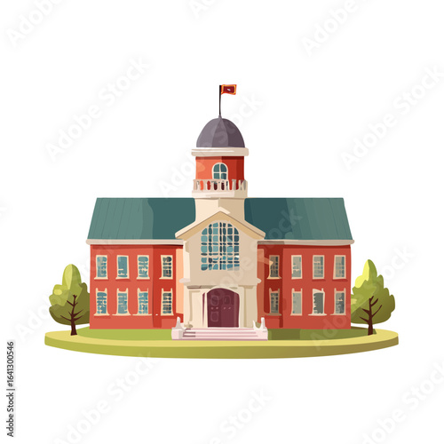Classical style building illustration vector with a flag atop dome and trees near university or city hall graphic