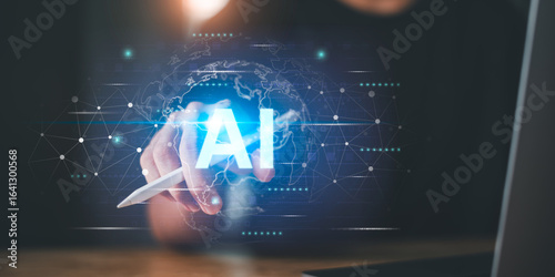 Tablou pe pânză pointing glowing AI text and a digital network overlay, symbolizing artificial intelligence, machine learning, and advanced technology in global innovation and data analysis