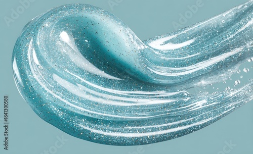 Teal-blue, glittery gel smear