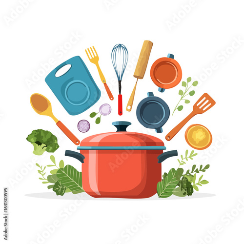 Cooking vector illustration with pot, vegetables, and utensils on black background food preparation kitchenware healthy eating