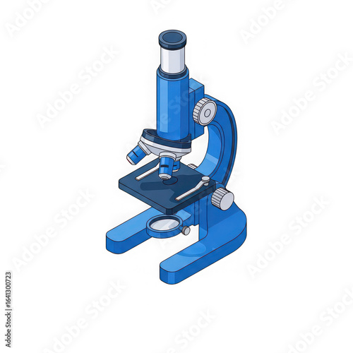 Detailed isometric illustration of a bright blue laboratory microscope with a dark base and stage isolated on transparent background