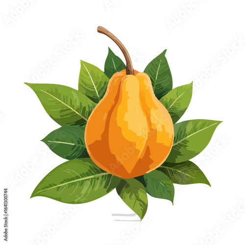 Bright pear with green leaves on a black background, stylized illustration