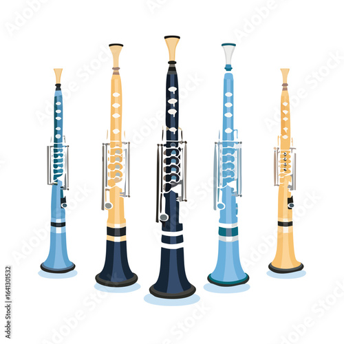 Five colorful clarinets on a black background, illustration of musical instruments