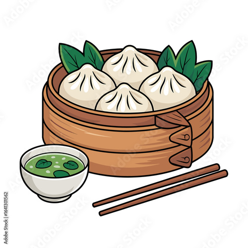 Delicious Chinese Dumplings in Bamboo Steamer with Sauce and Chopsticks for Asian Cuisine Lovers