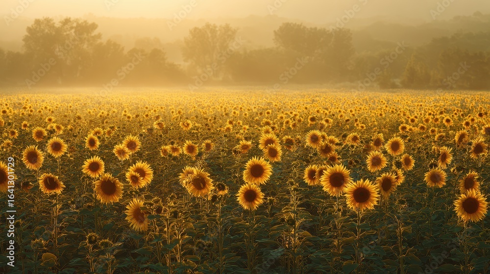 Obraz premium Sunlit Sunflower Field at Sunrise, Misty Landscape