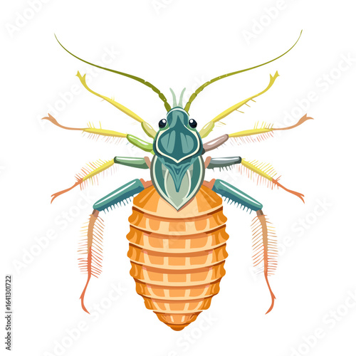 Isolated stylized insect on black background showcasing intricate exoskeleton and vibrant colors ideal for educational materials