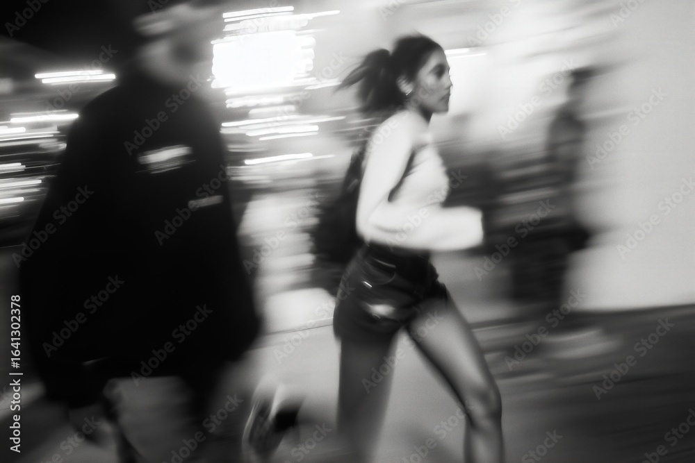 © SERHII - Motion blur of woman running at night in urban setting