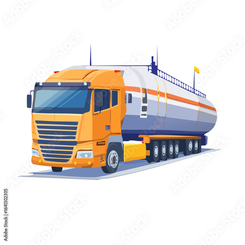 Yellow tank truck, transportation of liquid goods, industrial vehicle, delivery, freight, cargo trailer, logistics, road transport.