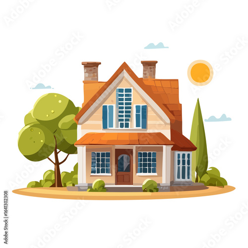 Illustration of a cozy house with a porch, trees, and sun on a sunny day.